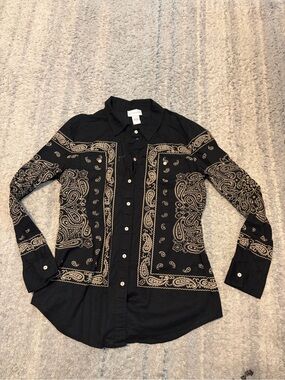 Soft Surroundings Black Paisley Bandana Shirt Medium 100% Cotton Button Up Tunic